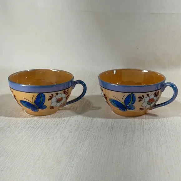 1950’s Japanese Lustreware Set, Sugar Bowl Creamer, 2 Divided Plates, 2 Tea Cups